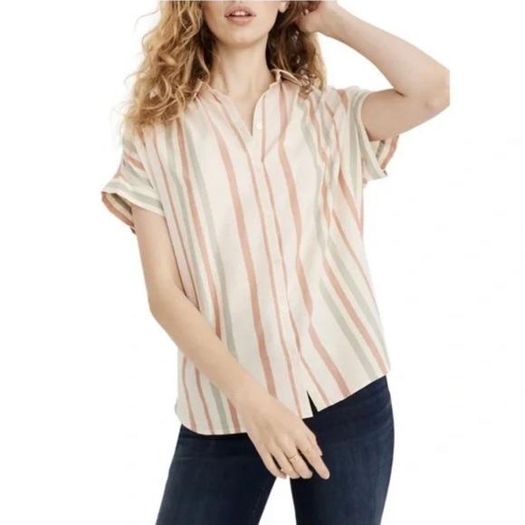 Madewell Central Multistripe Shirt In Lucid Pink - Size M - Picture 1 of 5